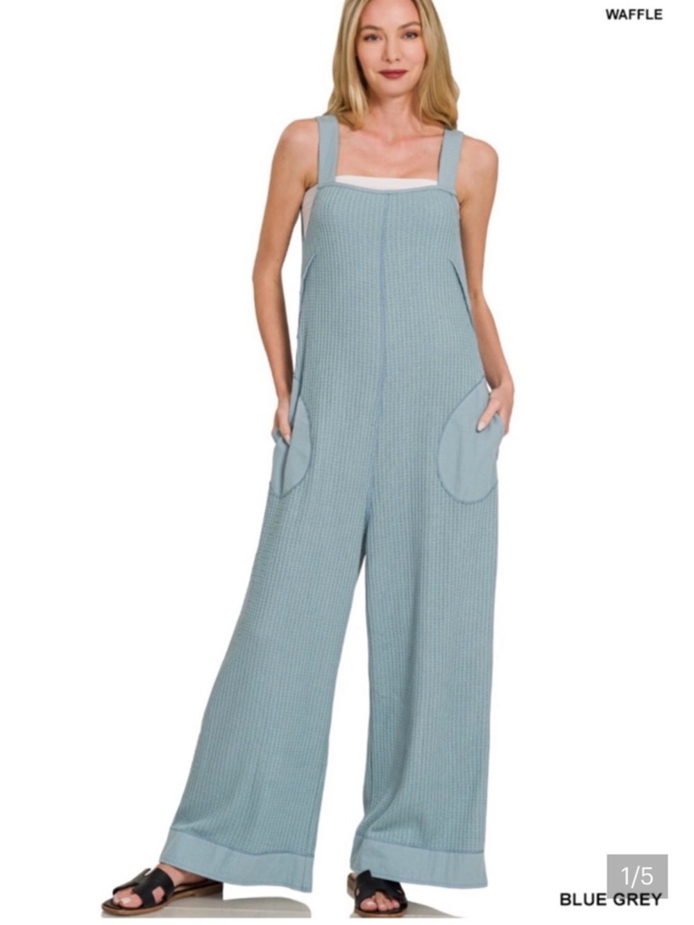 Zenana Blue-Grey Waffle Knit Wide-Leg Overalls